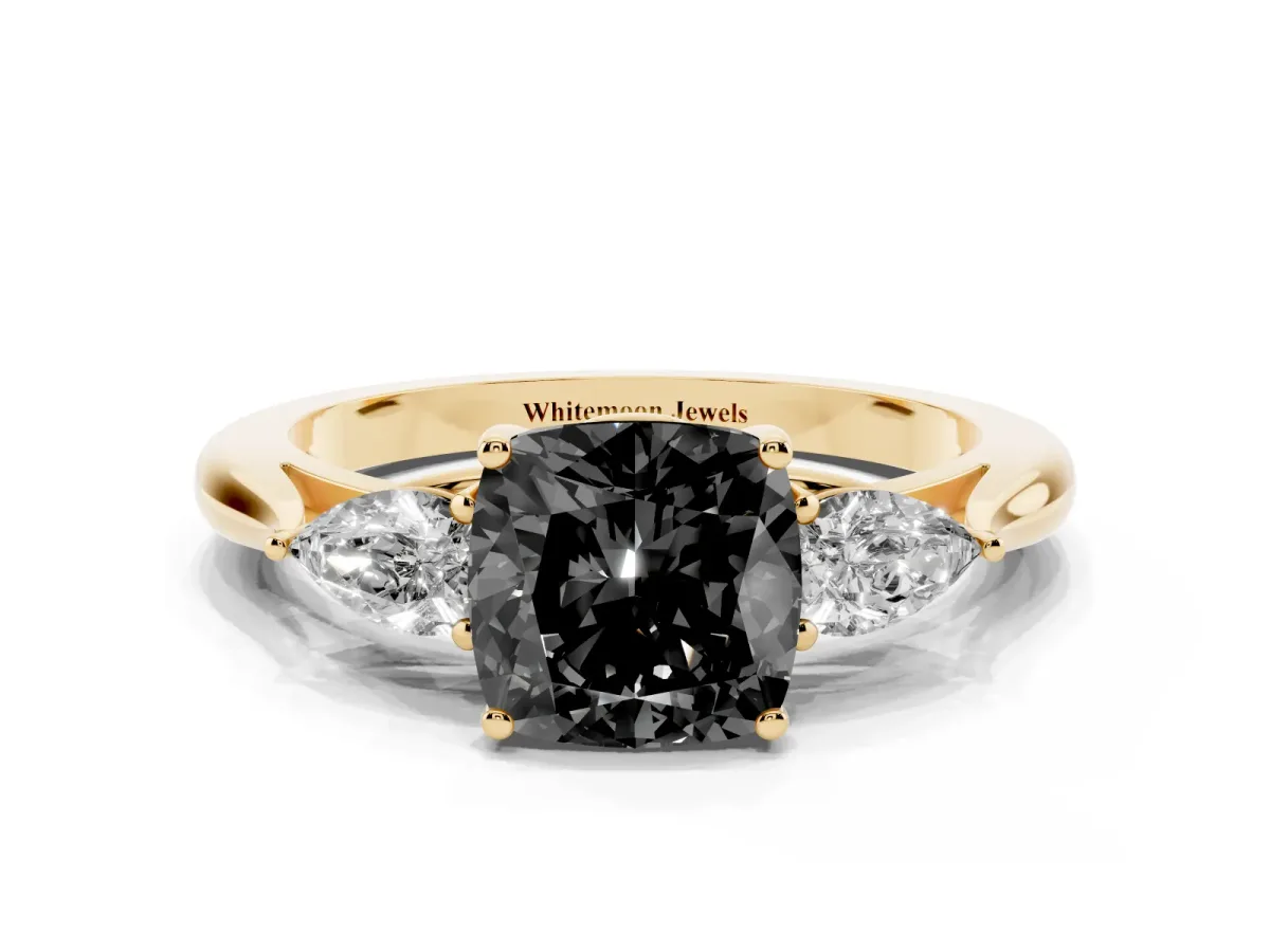 Fancy Black Three-Stone Cushion Cut Brilliant Diamond Solitaire Ring with Tapered Band and Four-Prong Setting Yellow gold