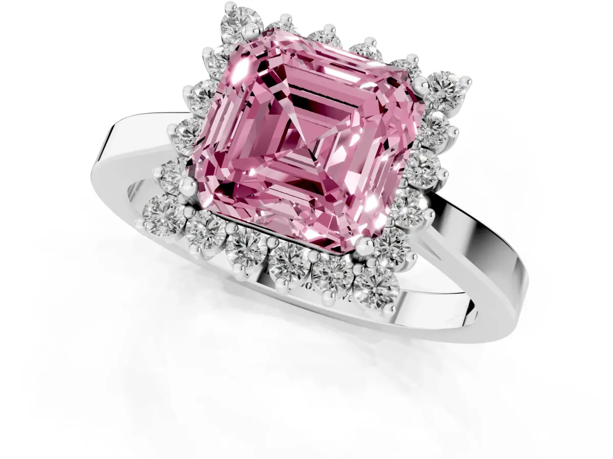Fancy Pink Asscher Cut Cut Diamond Halo Ring with Round Brilliant Halo and Solitaire Band White gold
