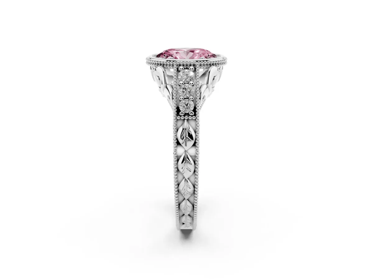 Fancy Pink Bezel Set Oval Cut Diamond Milgrain Pave Engagement Ring Silver