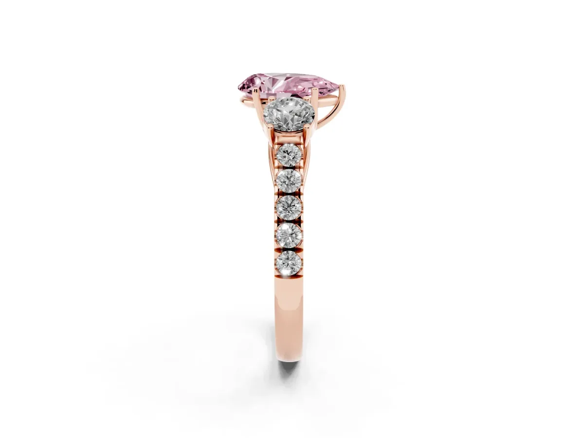 Fancy Pink Pear Cut Cut Diamond Three-Stone Ring with Round Side Stones and Pavé Band Rose gold