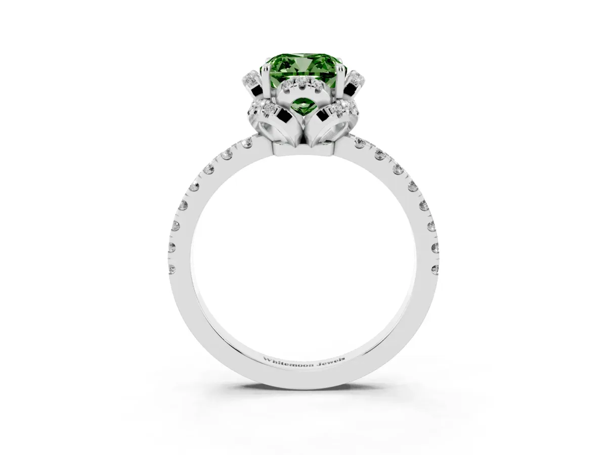 Fancy Green Cushion Cut Diamond Halo Pave Band with Four-Prong Setting Platinum