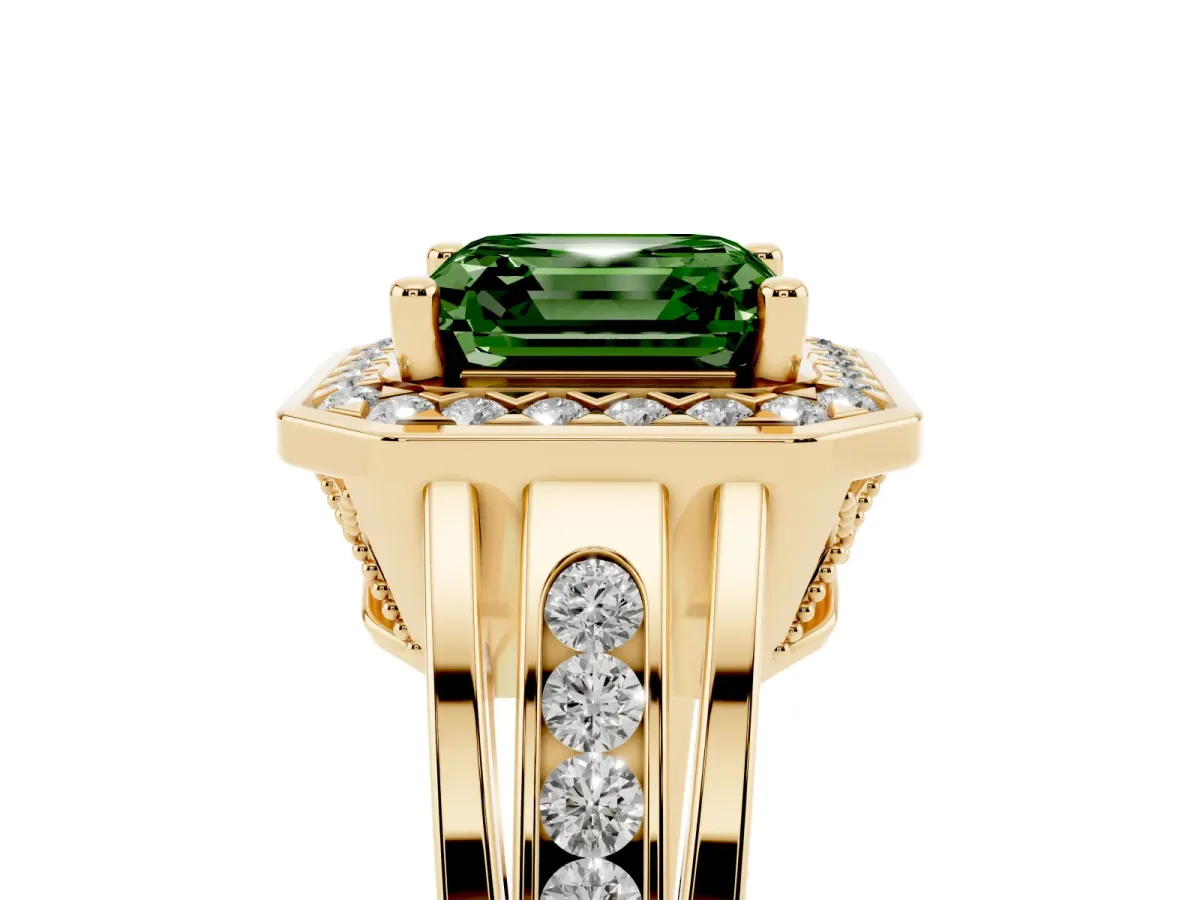Fancy Green Asscher Cut Diamond Halo Ring with Split Shank and Bezel Accents and Prong Setting Yellow gold