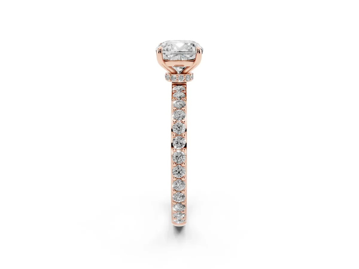 Cushion Cut Diamond Solitaire Engagement Ring with Pavé Band and Four-Prong Setting Rose gold