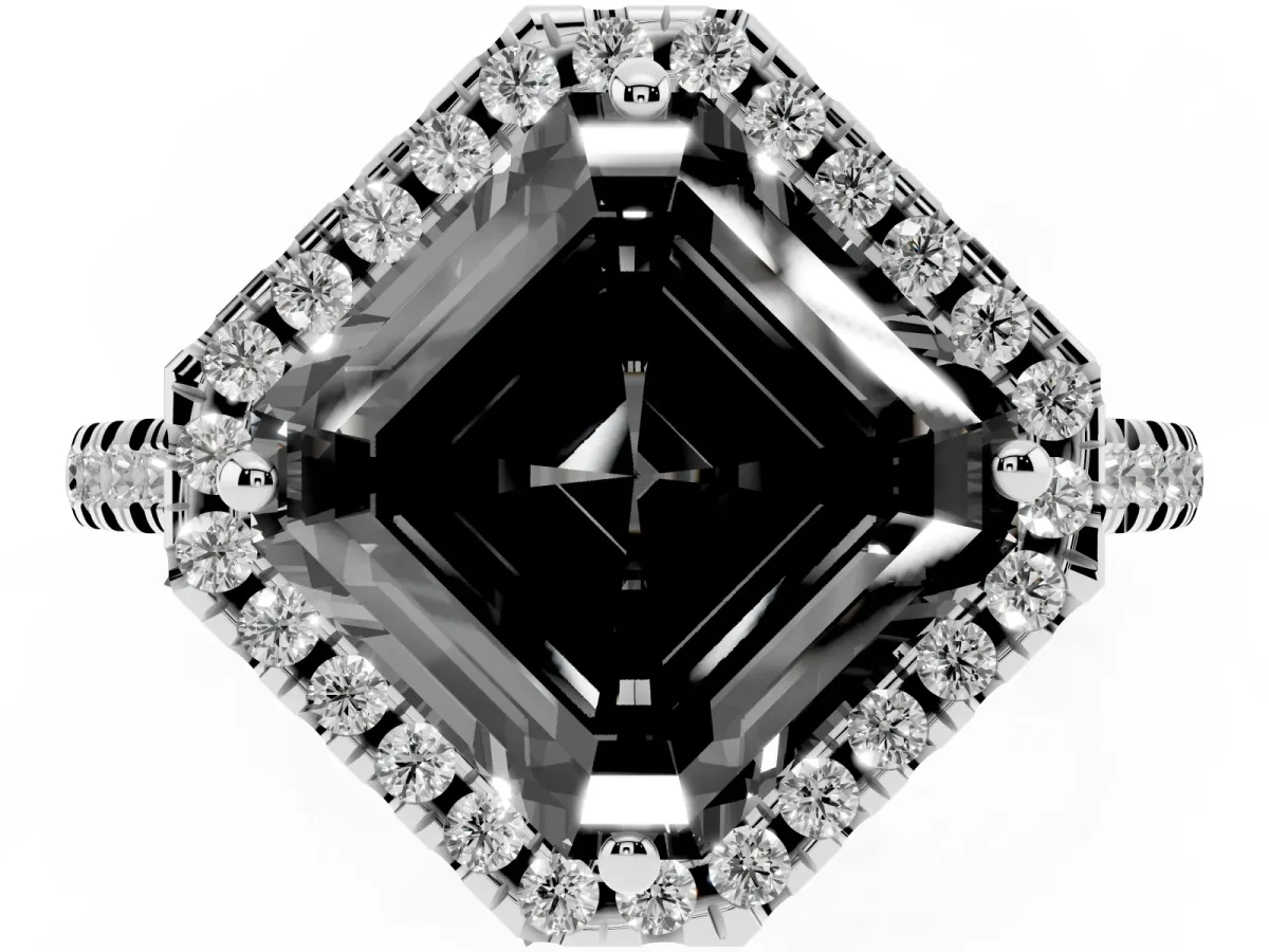 Fancy Black Asscher Cut Diamond Cushion Halo Ring with Pavé Band Platinum