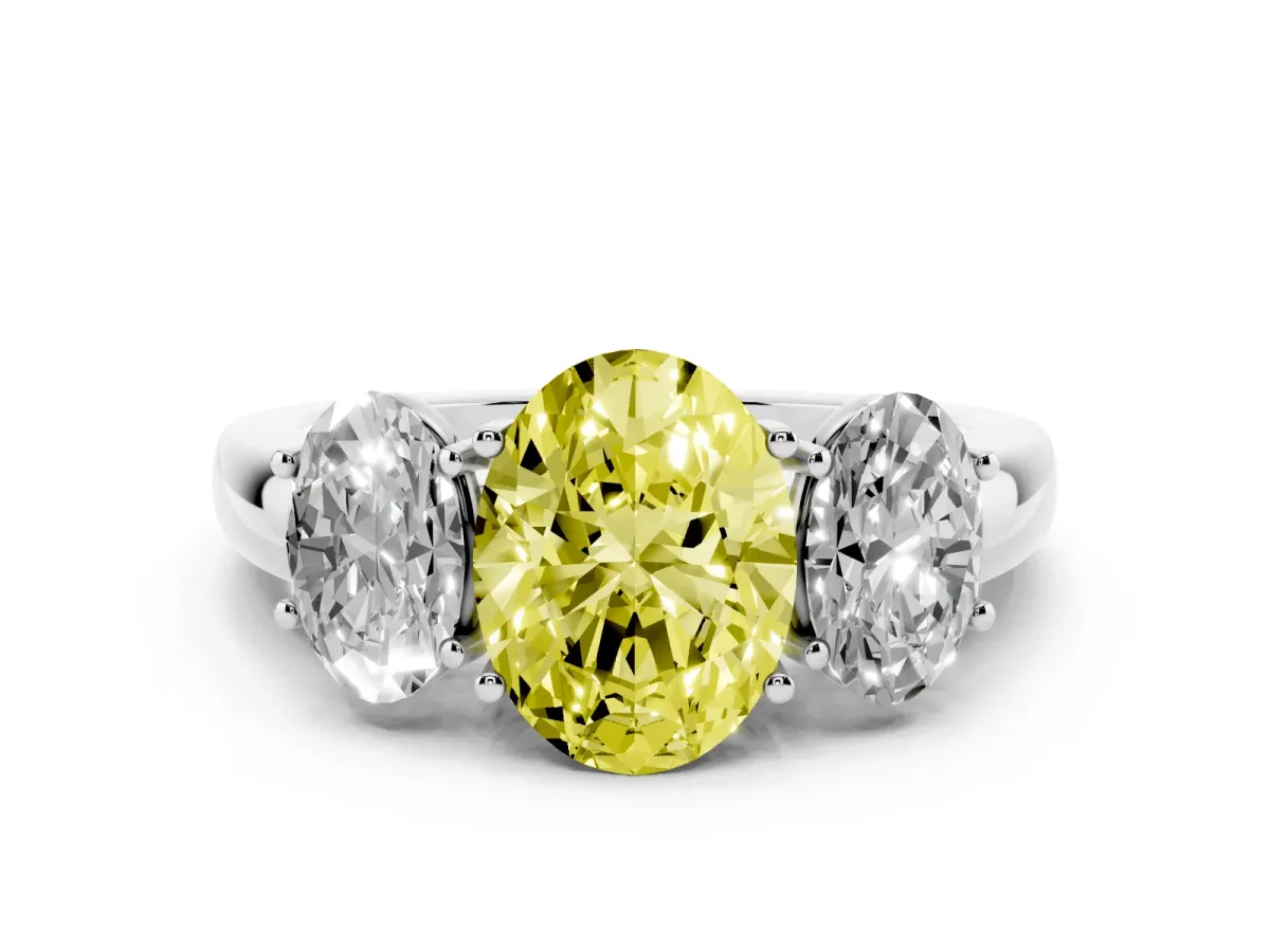 Fancy Yellow Oval Cut Diamond Three-Stone Ring with Four-Prong Setting and Classic Band Silver