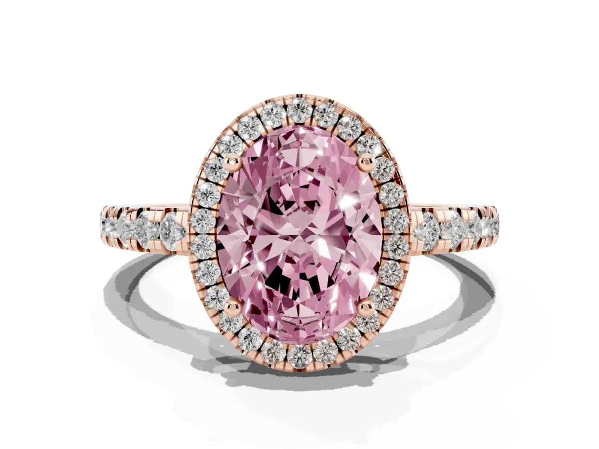 Fancy Pink Oval Cut Diamond Halo Ring with Pavé Band and Four-Prong Setting Rose gold