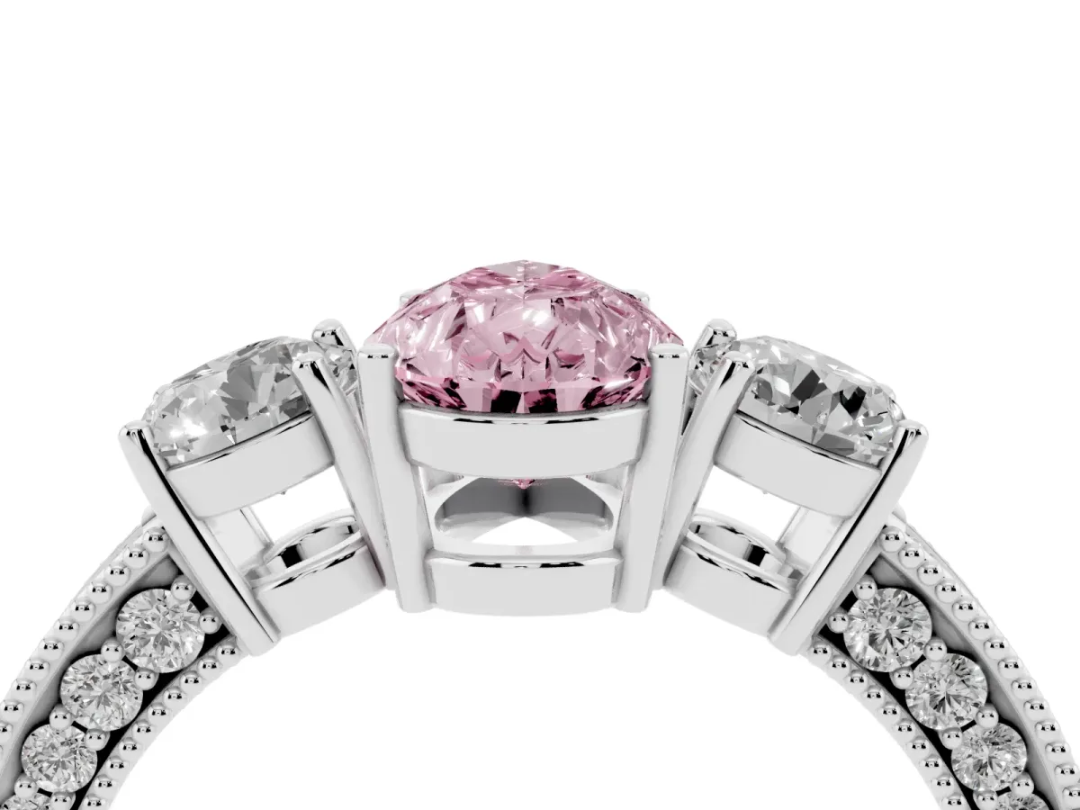Fancy Pink Pear Cut Three-Stone Diamond Ring with Pavé Band and Four-Prong Setting Silver