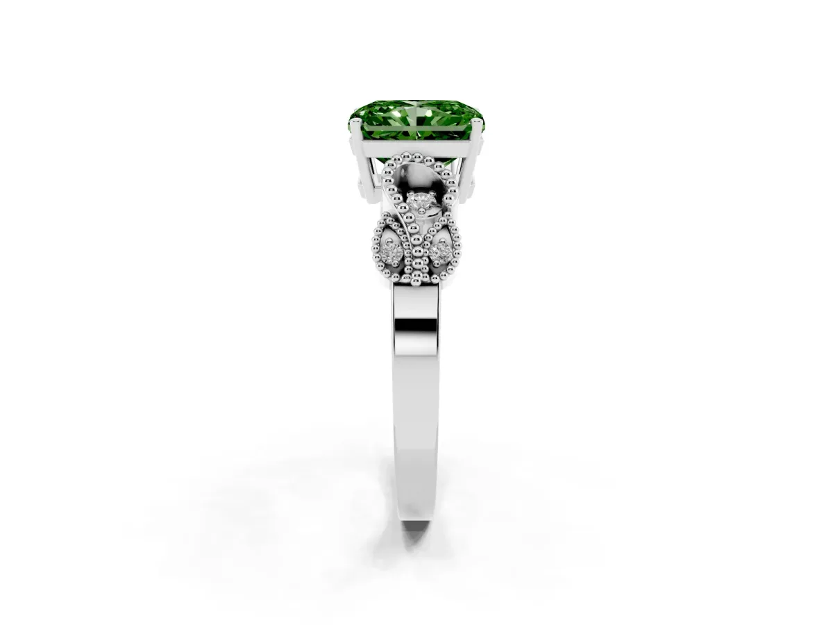 Fancy Green Princess Cut Solitaire Milgrain Leaf Band with Prong Setting Silver