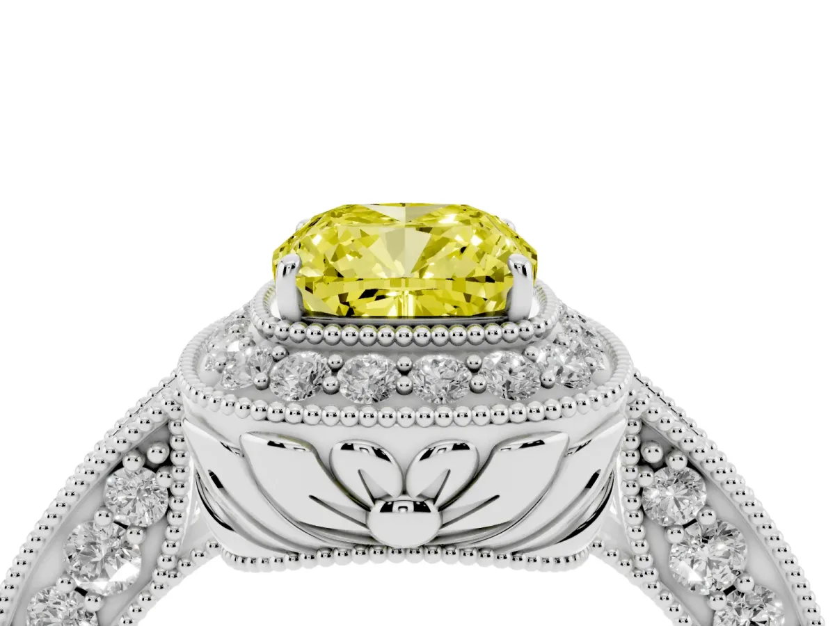 Fancy Yellow Cushion Cut Halo Diamond Split Shank Ring with Milgrain Detail Platinum