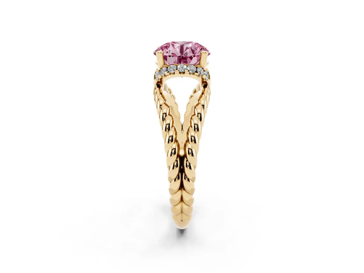 Fancy Pink Round Cut Halo Twisted Band Four-Prong Ring Yellow gold
