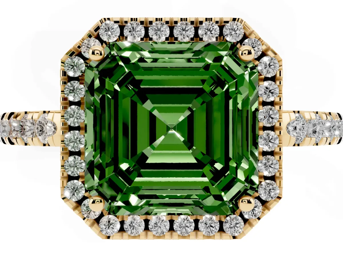 Fancy Green Asscher Cut Halo Diamond Engagement Ring with Pavé Band and Four-Prong Setting Yellow gold