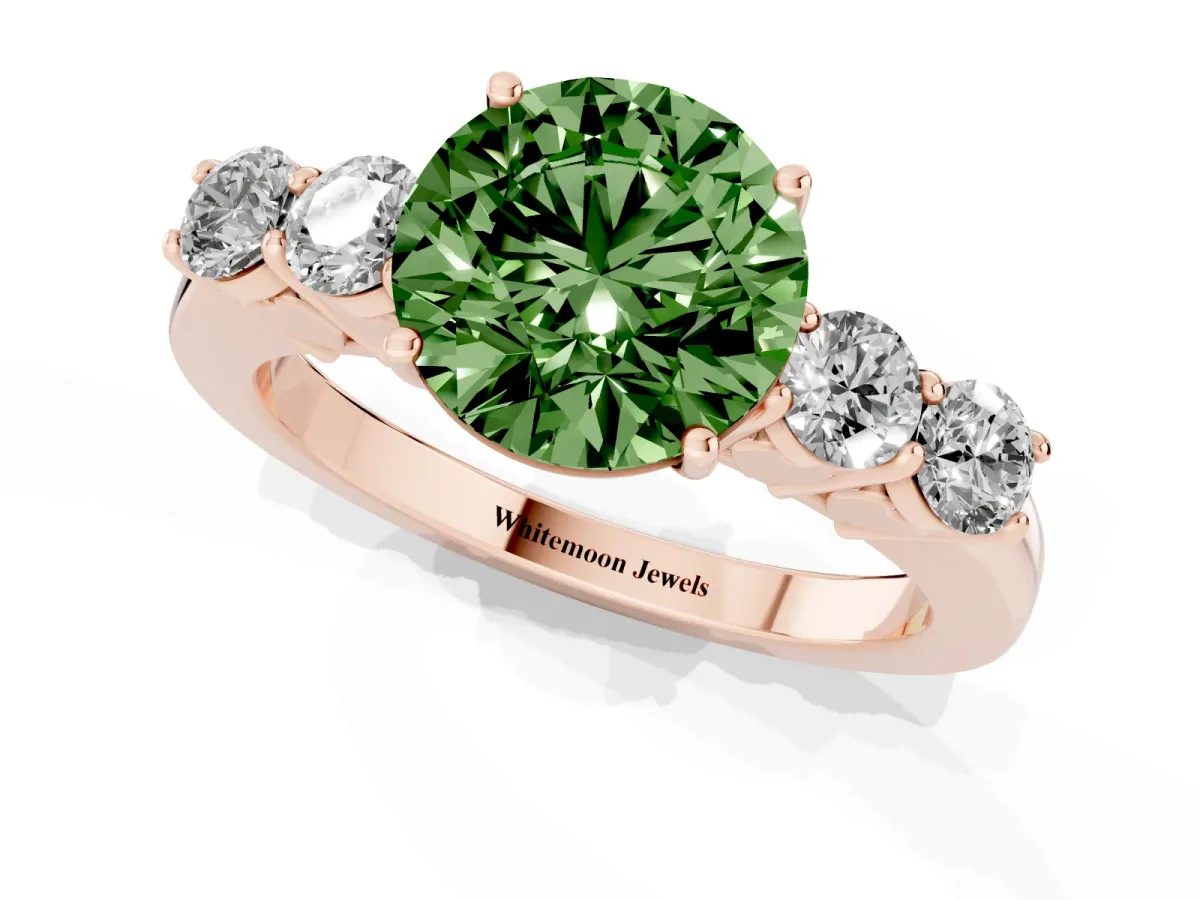 Fancy Green Round Cut Cut Diamond Five-Stone Prong Set White Gold Ring Rose gold