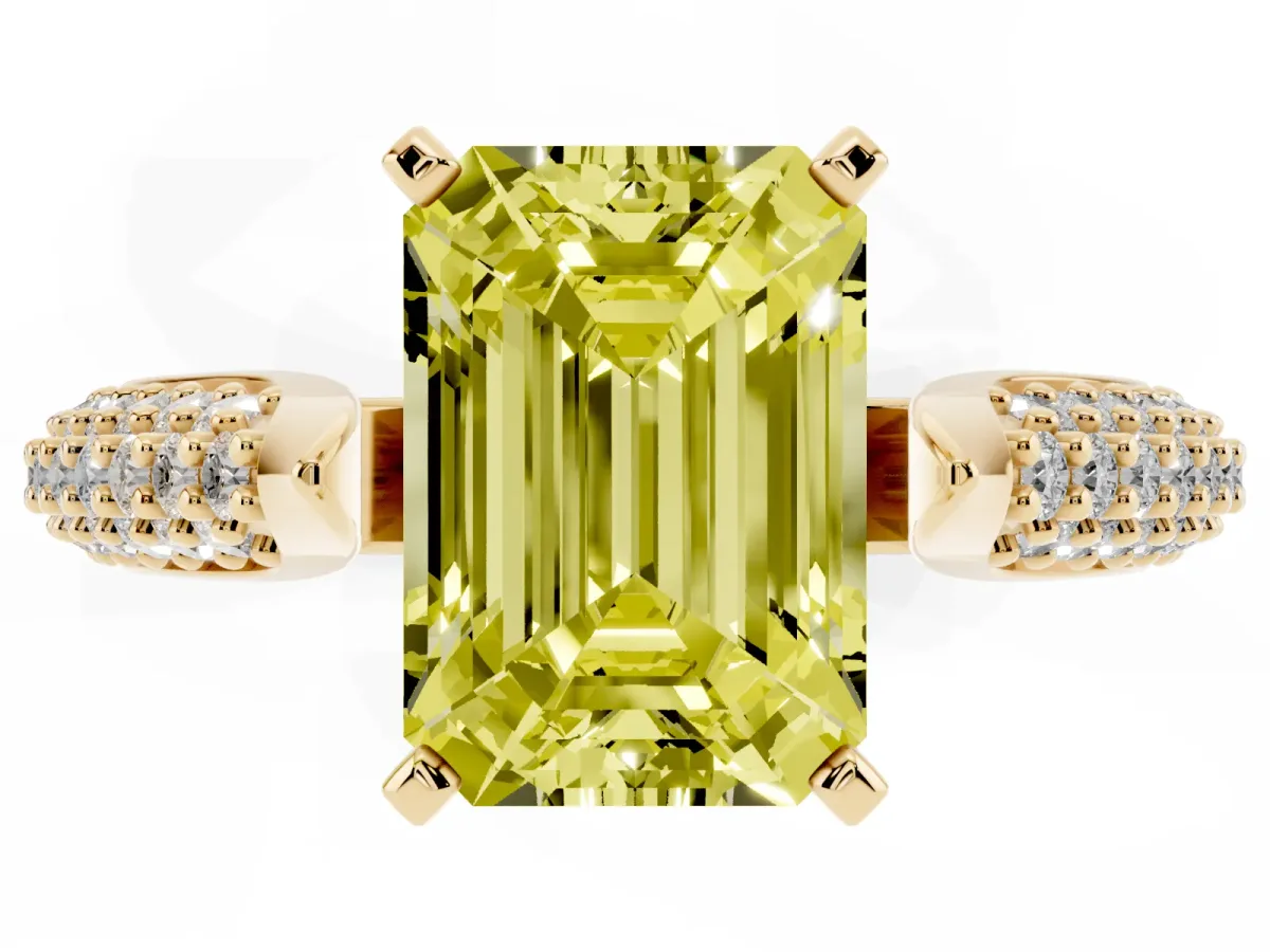 Fancy Yellow Emerald Cut Diamond Solitaire Engagement Ring with Multi-Row Round Pavé Band and Prong Setting Yellow gold