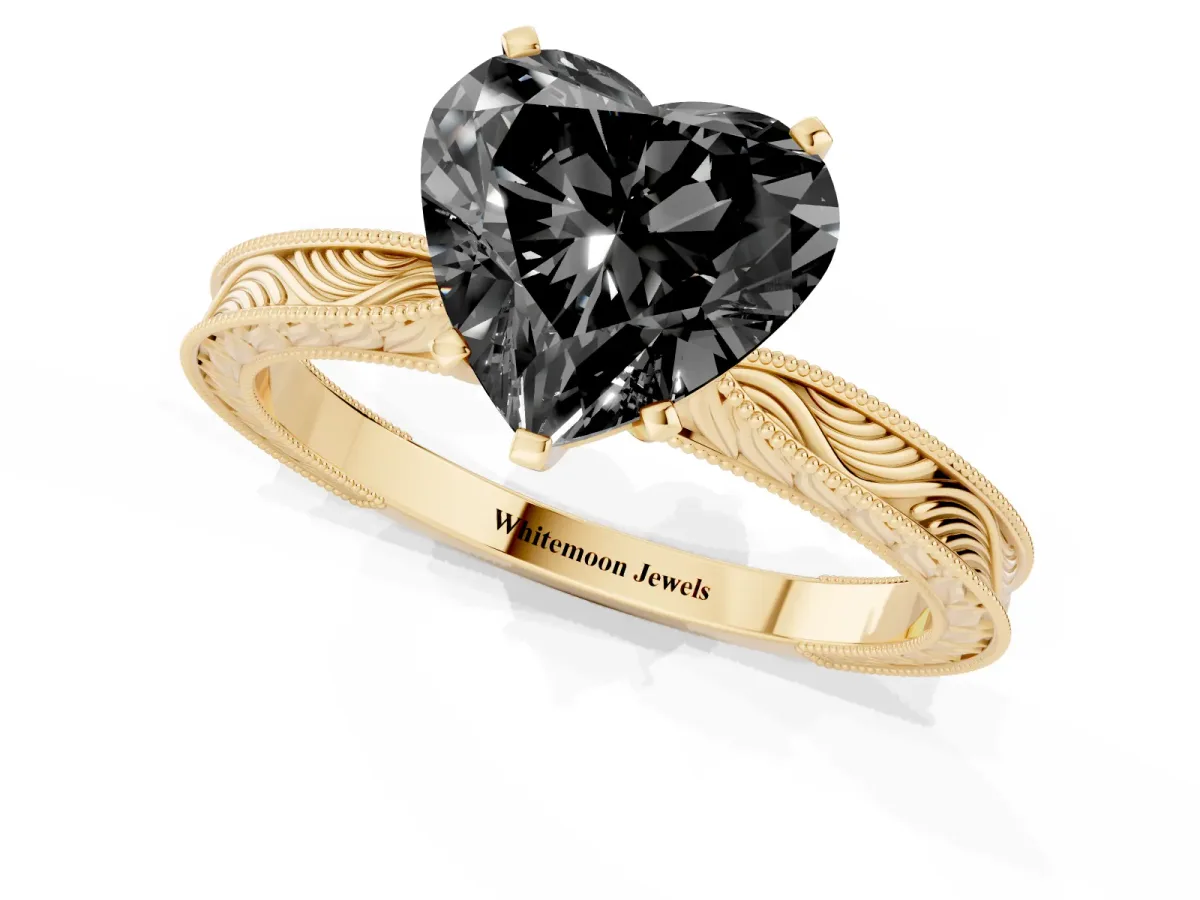 Fancy Black Heart Cut Solitaire Milgrain Engraved Band with Four-Prong Setting Yellow gold