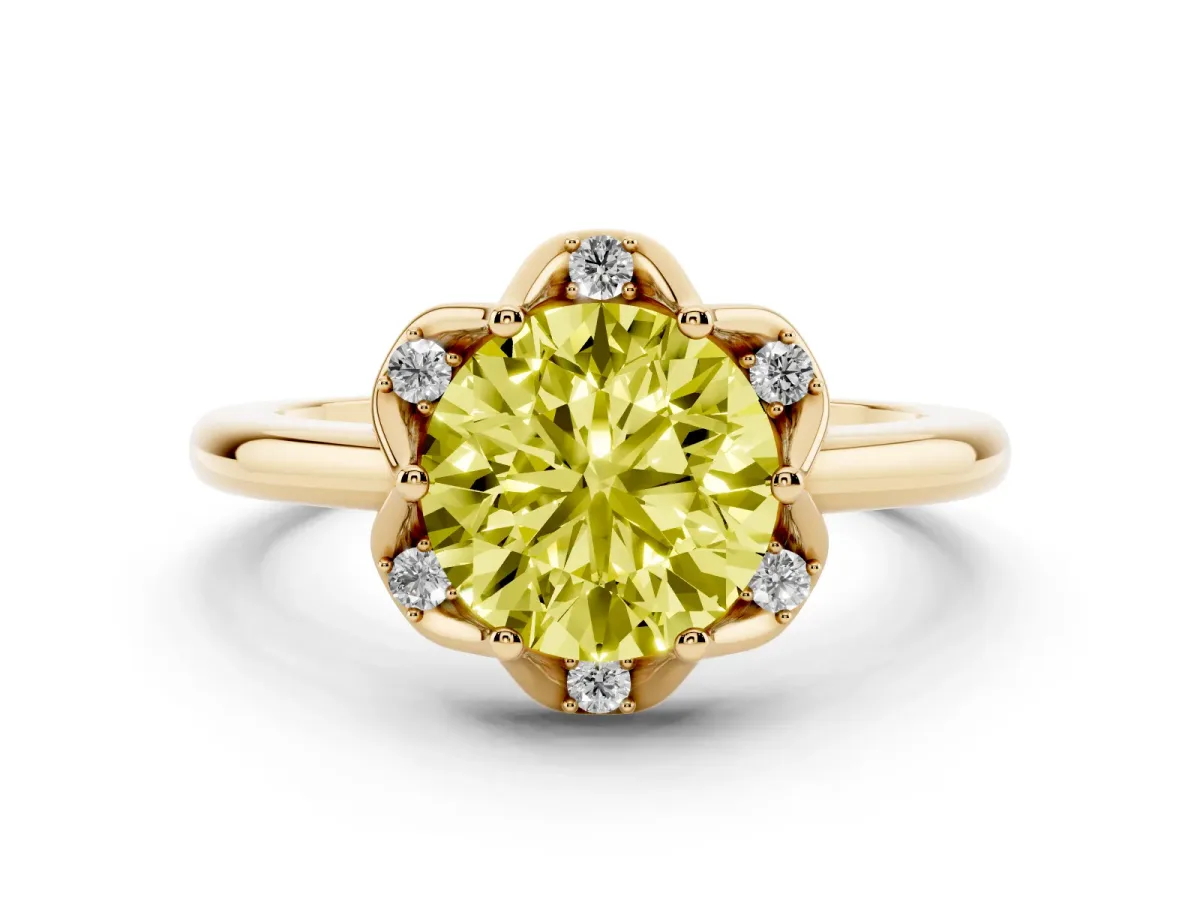 Fancy Yellow Round Cut Halo Diamond Ring with Round Cluster Setting, Solitaire Band, and Four-Prong Setting Yellow gold