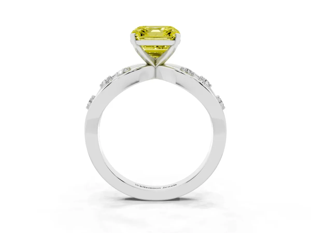 Fancy Yellow Asscher Cut Cut Solitaire Diamond with Side Stones on Criss-Cross Band and Four-Prong Setting White gold