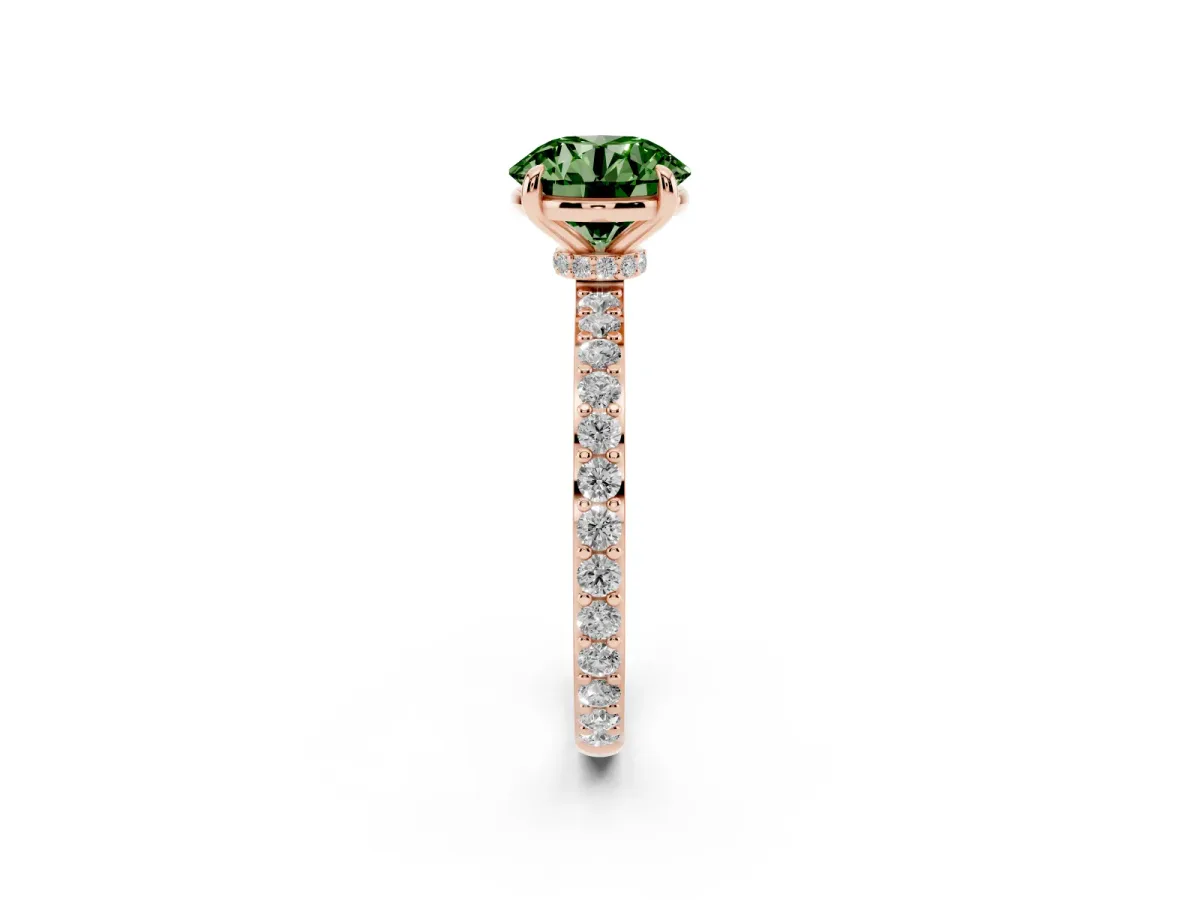 Fancy Green Round Cut Diamond Pavé Engagement Ring with Round Accents and Prong Setting Rose gold