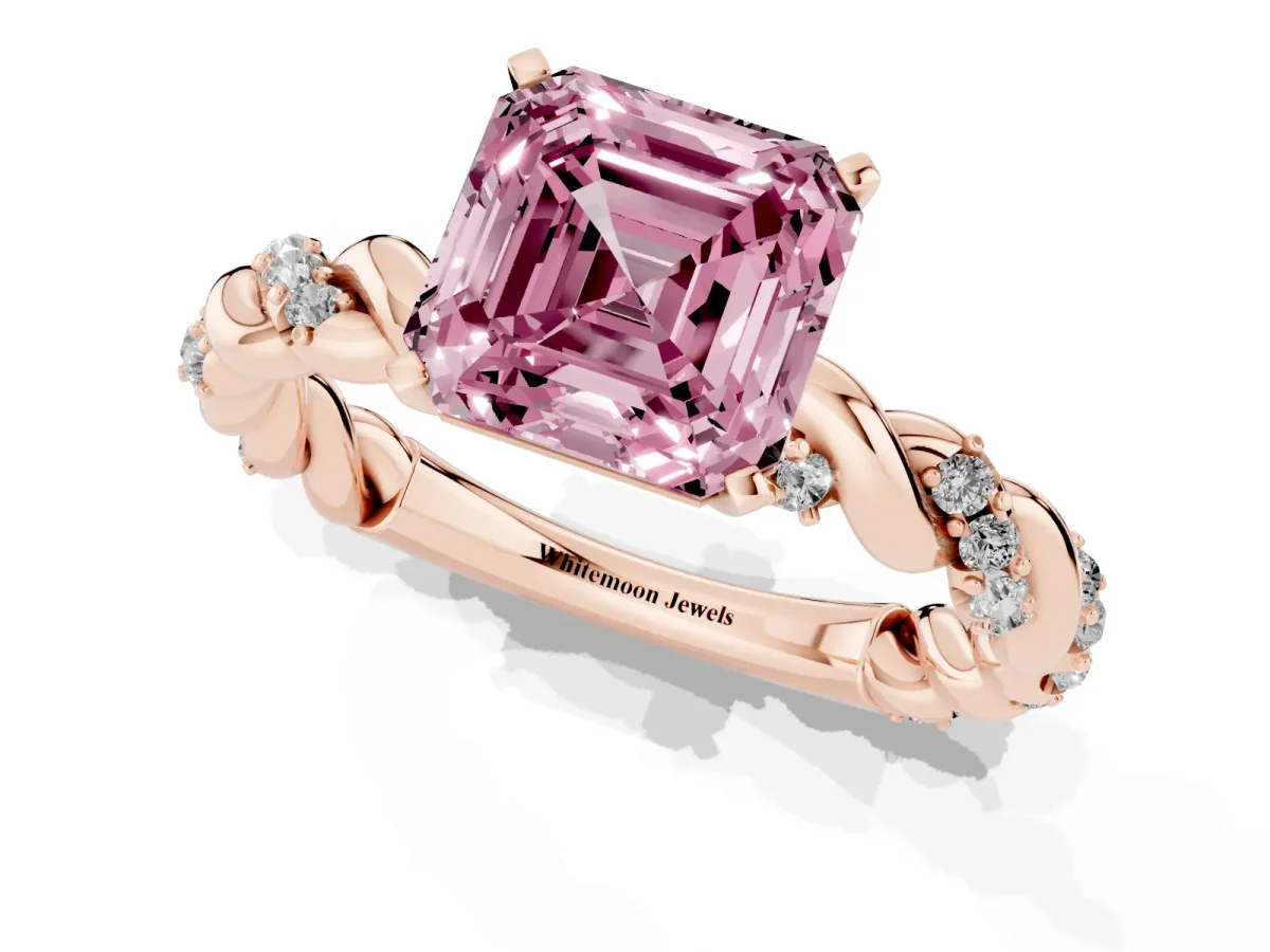 Fancy Pink Asscher Cut Diamond Solitaire Ring with Twisted Band and Pavé Accents Rose gold