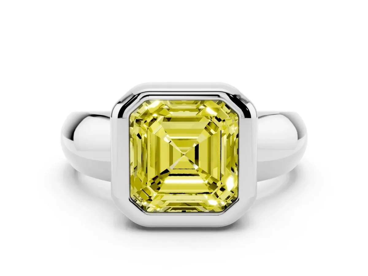 Fancy Yellow Bezel Set Asscher Cut Solitaire Ring with Wide Band Platinum