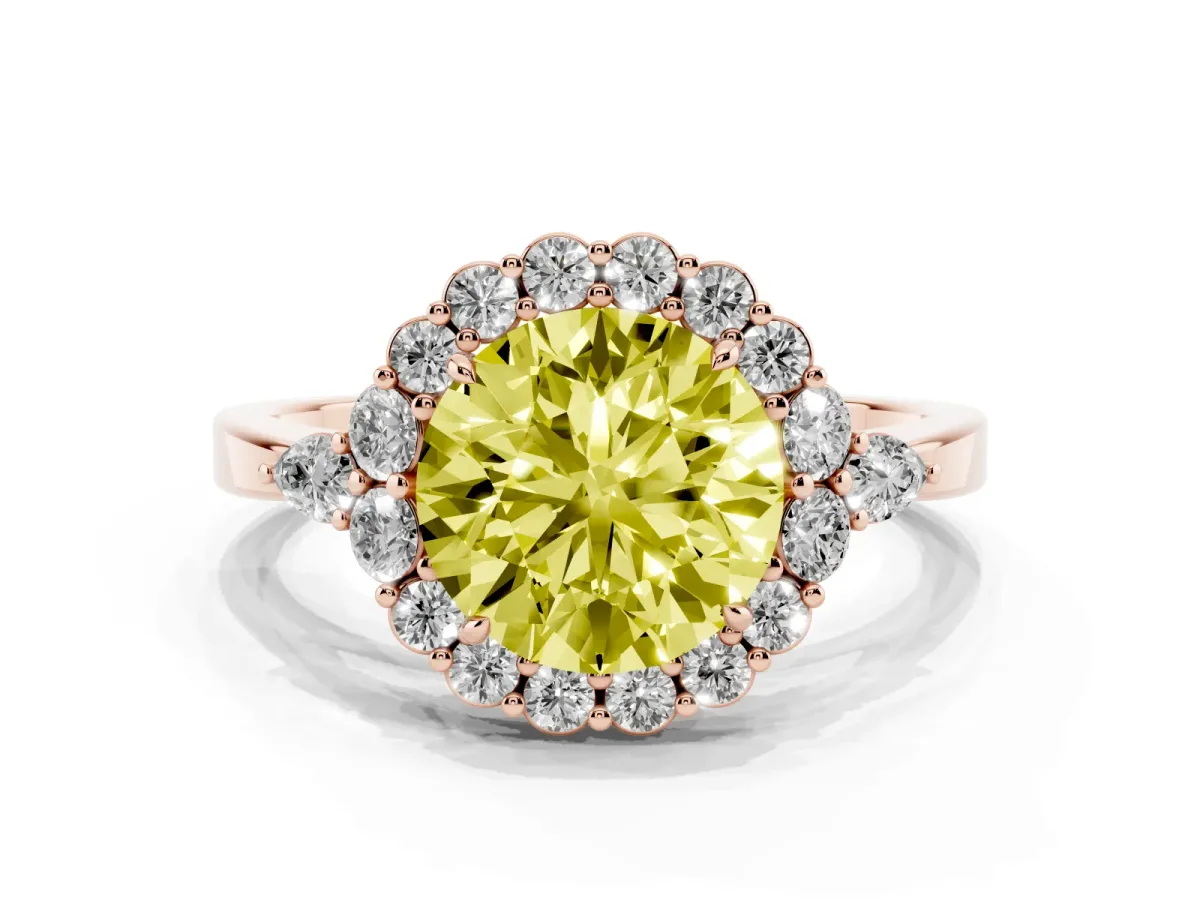 Fancy Yellow Round Cut Diamond Halo Ring with Pear Side Stones and Prong Setting Rose gold