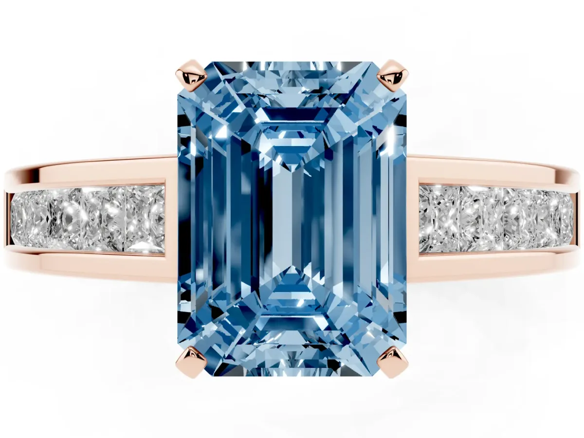 Fancy Blue Emerald Cut Solitaire Diamond Ring with Channel-Set Band and Four-Prong Setting Rose gold