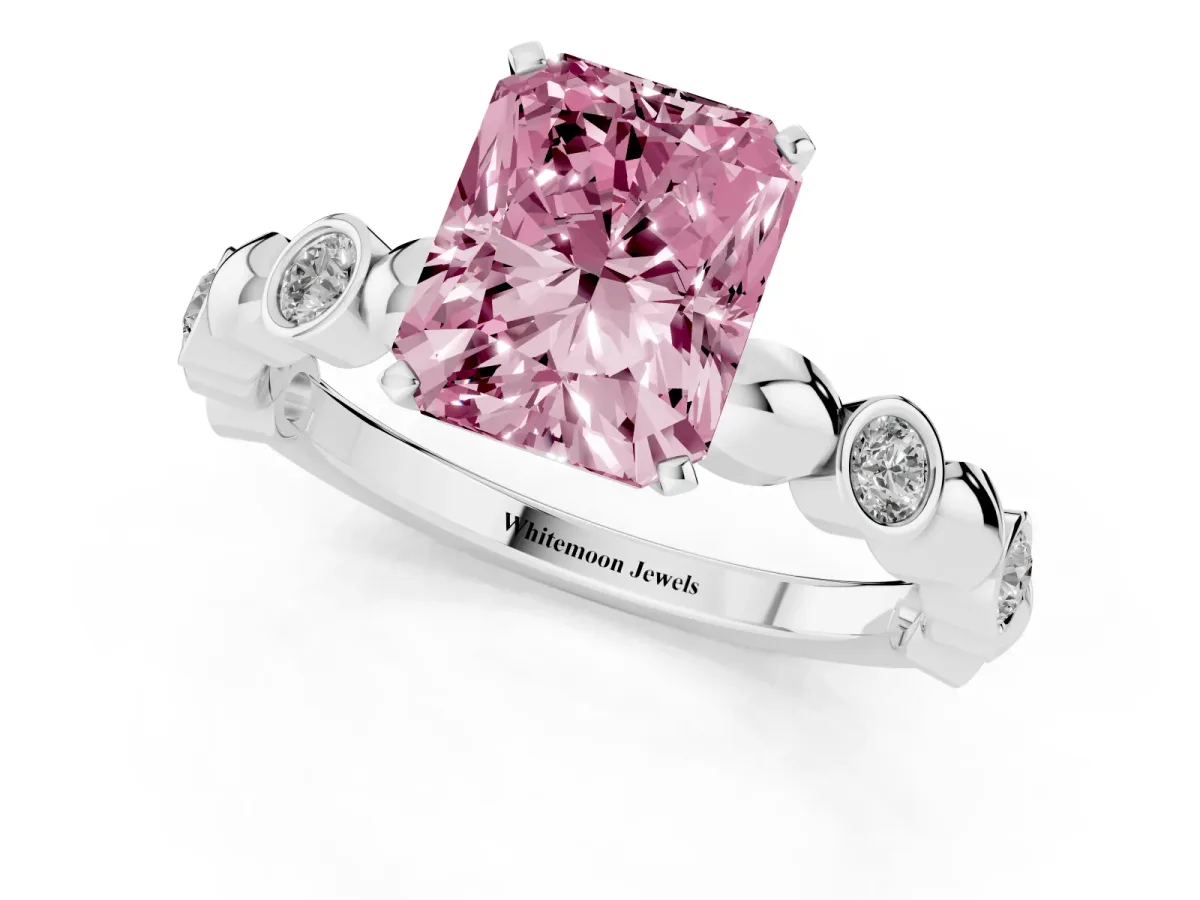 Fancy Pink Radiant Cut Solitaire Bezel-Set Diamond Ring with Beaded Band and Four-Prong Setting Silver