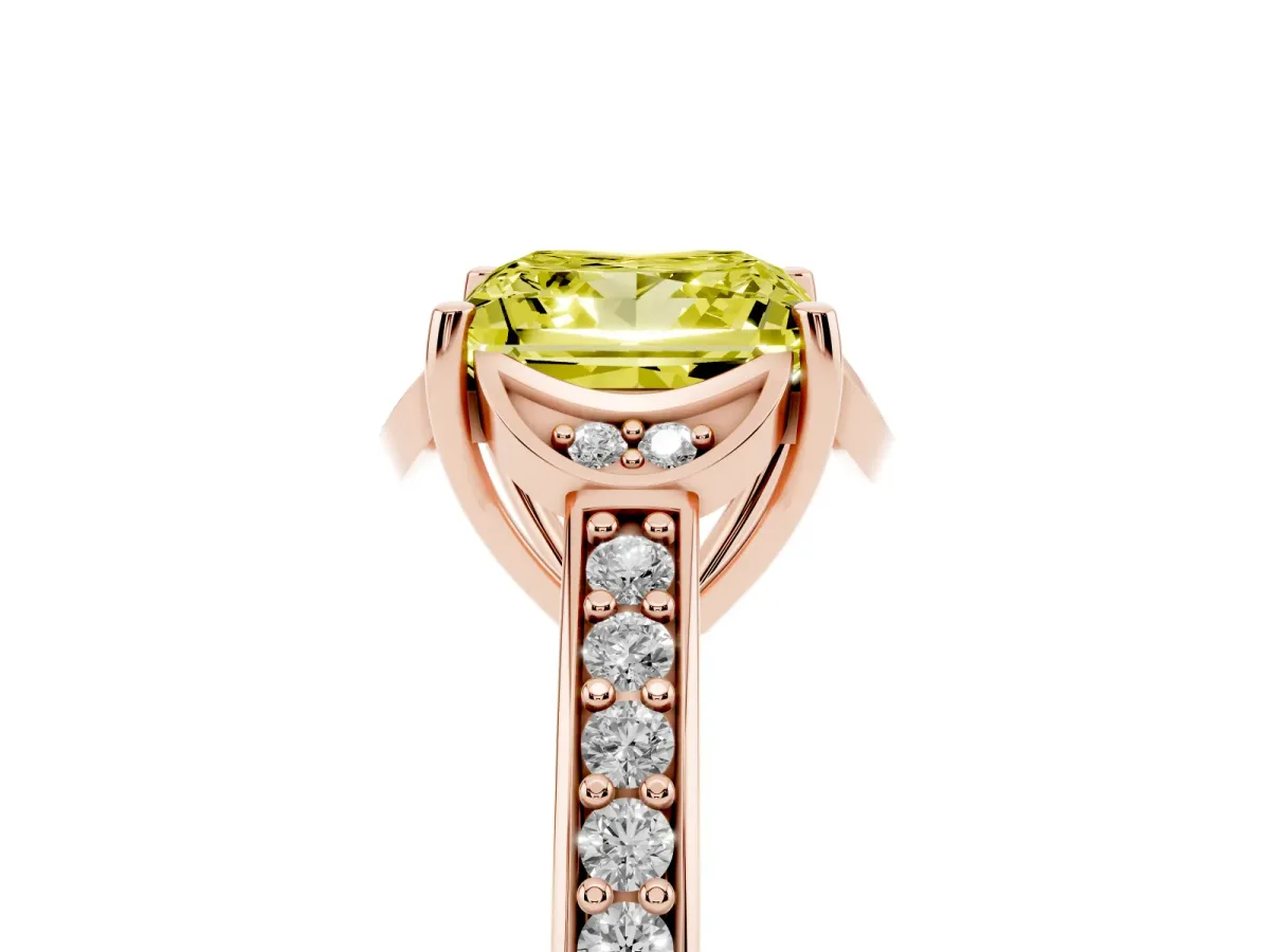 Fancy Yellow Princess Cut Cut Halo Diamond Ring with Channel Set Band and Four-Prong Setting Rose gold