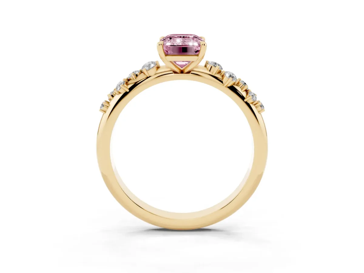 Fancy Pink Emerald Cut Diamond Cluster Prong-Set Solitaire Ring Yellow gold