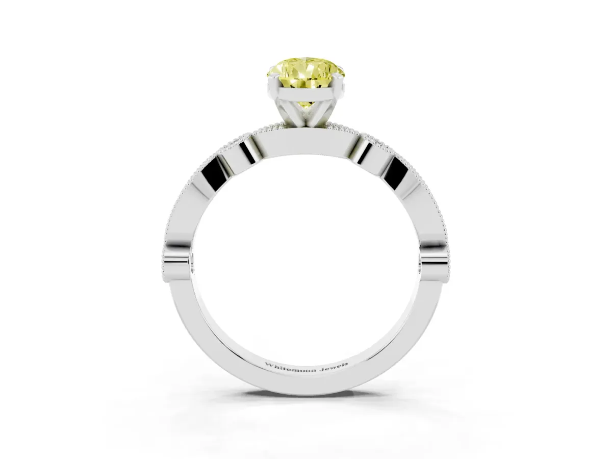 Fancy Yellow Pear Cut Milgrain Bezel Diamond Engagement Ring with Solitaire Prong Setting Platinum