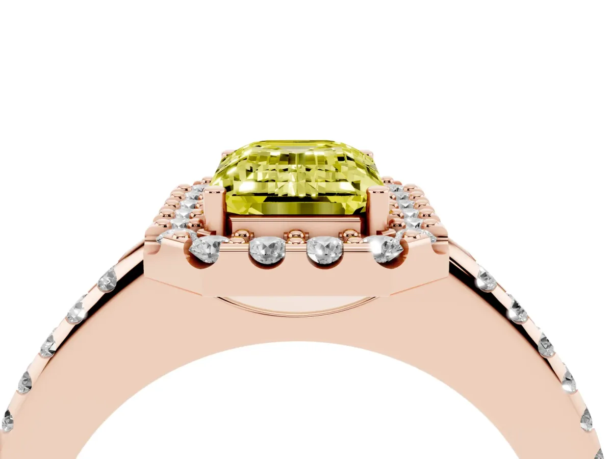 Fancy Yellow Emerald Cut Diamond Pavé Halo Ring with Four-Prong Setting Rose gold