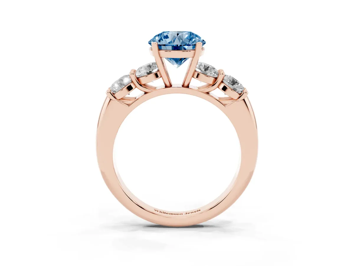 Fancy Blue Round Cut Cut Five-Stone Prong Set Diamond Ring with Classic Band Rose gold