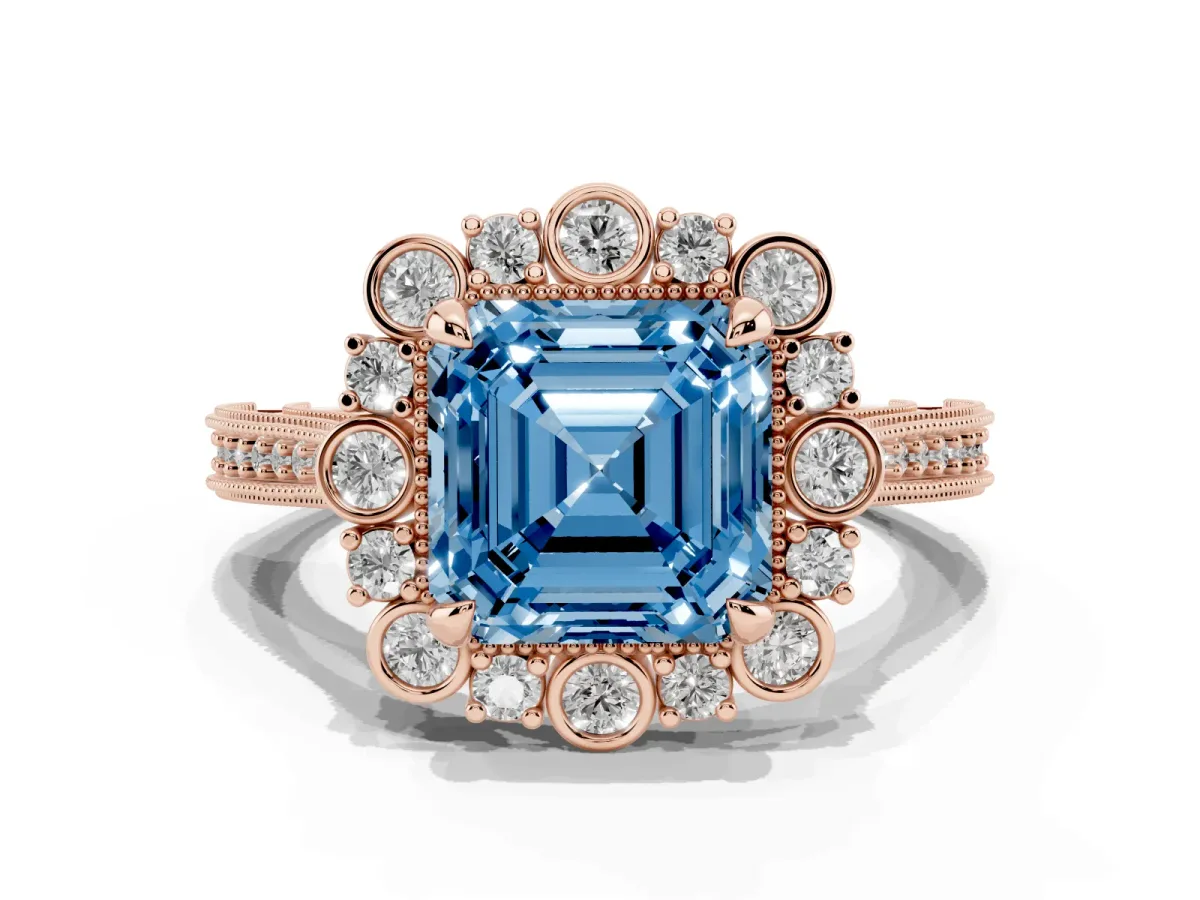 Fancy Blue Asscher Cut Halo Milgrain Pave Diamond Ring with Four-Prong Setting Rose gold