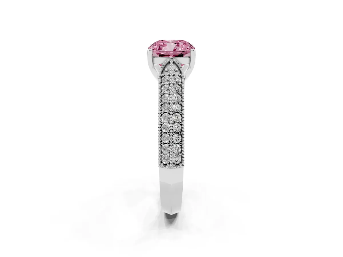 Fancy Pink Cushion Cut Cut Pave Split Shank Engagement Ring with Four-Prong Setting White gold