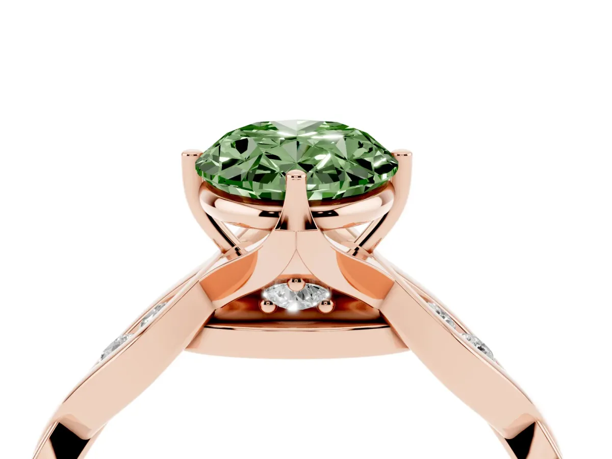 Fancy Green Oval Cut Solitaire Twist Band with Leaf Prong Setting Rose gold