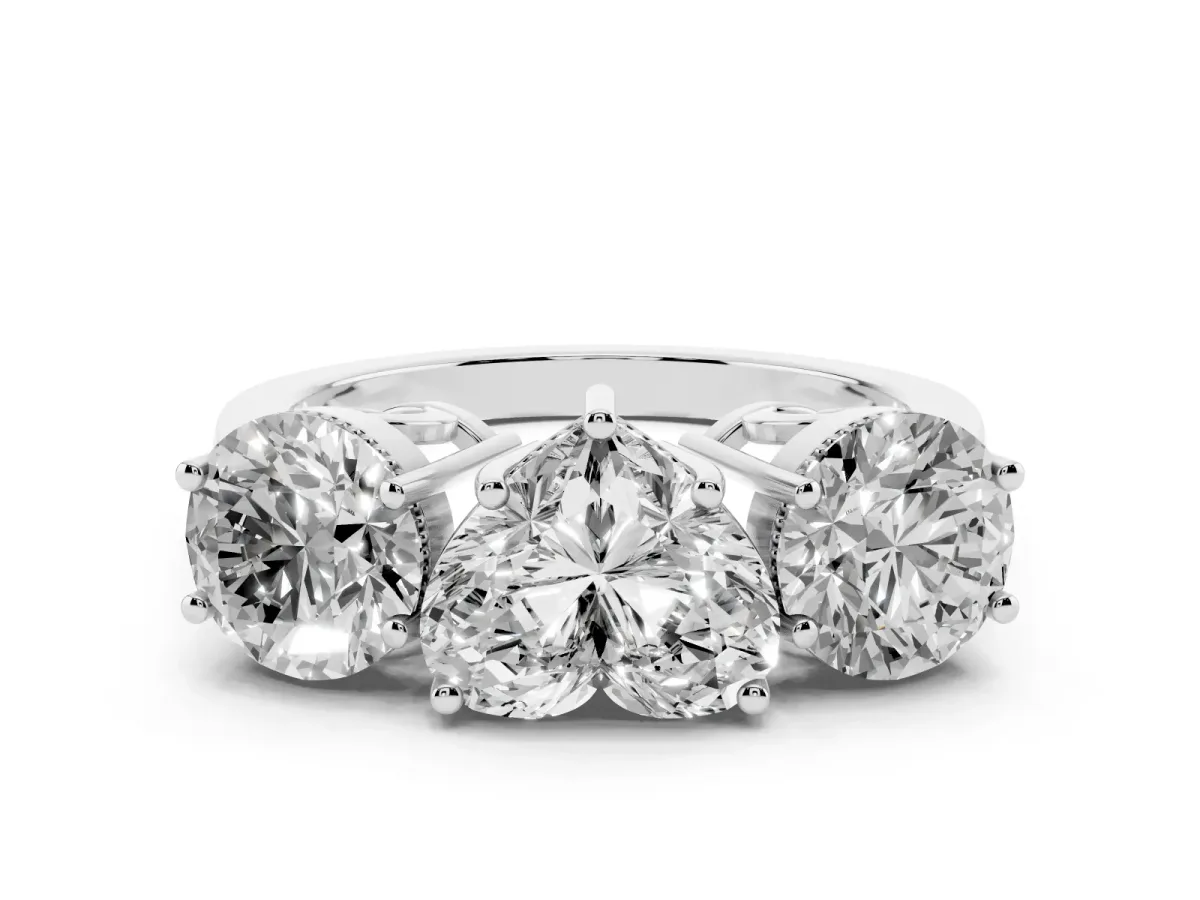 Three-Stone Heart Cut Diamond Engagement Ring with Prong Setting on a Classic Band Silver