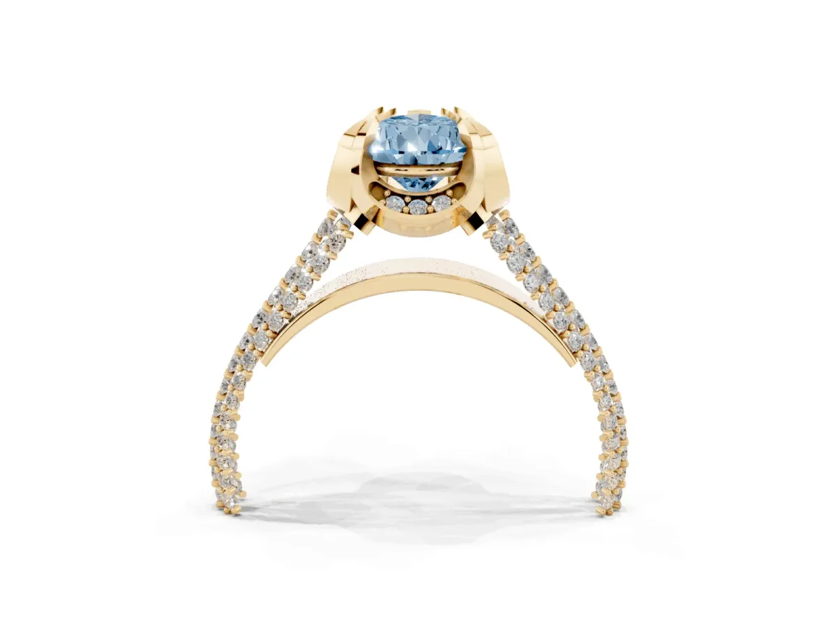 Fancy Blue Pear Cut Solitaire Pave Split Shank Ring with Four-Prong Setting Yellow gold