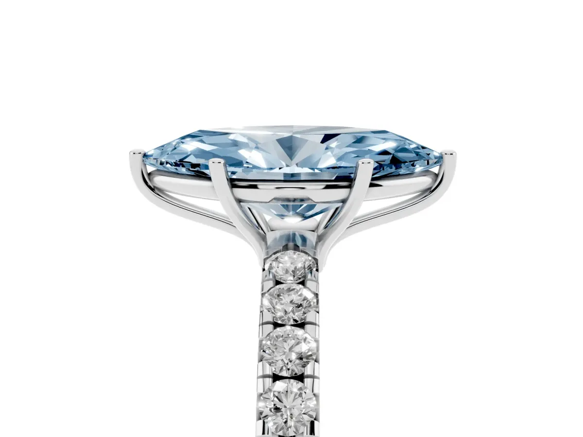 Fancy Blue Marquise Cut Diamond Pavé Solitaire Engagement Ring with Four-Prong Setting Silver