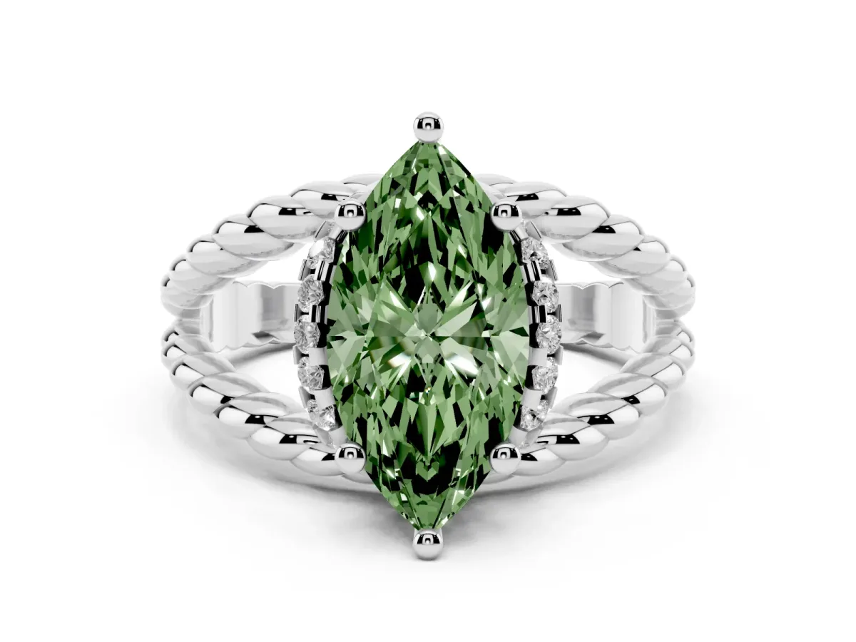 Fancy Green Marquise Cut Halo Twisted Band Four-Prong Ring Silver
