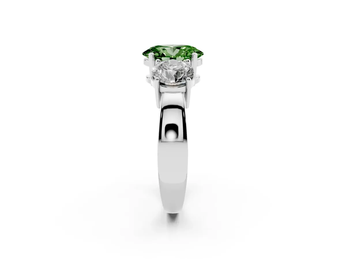 Fancy Green Three-Stone Oval Cut Diamond Ring with Round Side Stones, Classic Band, and Four-Prong Setting Silver