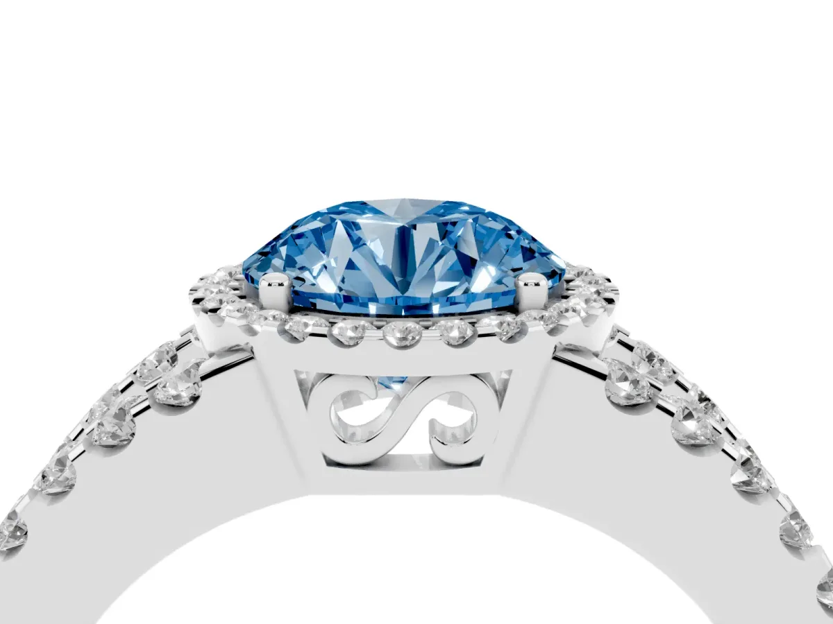 Fancy Blue Round Cut Cut Halo Split Shank Diamond Ring with Four-Prong Setting Platinum