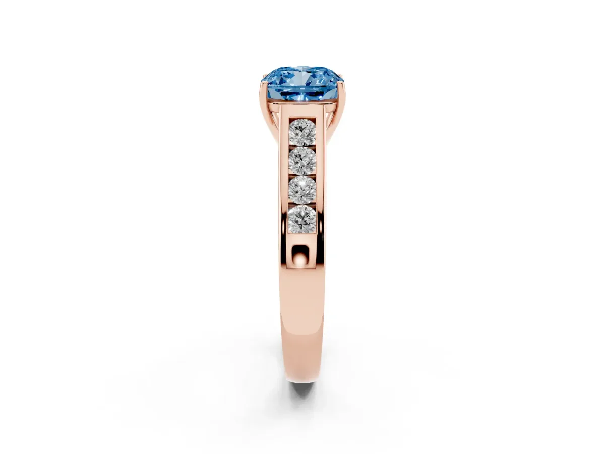 Fancy Blue Cushion Cut Solitaire Channel-Set Diamond Engagement Ring with Four-Prong Setting Rose gold