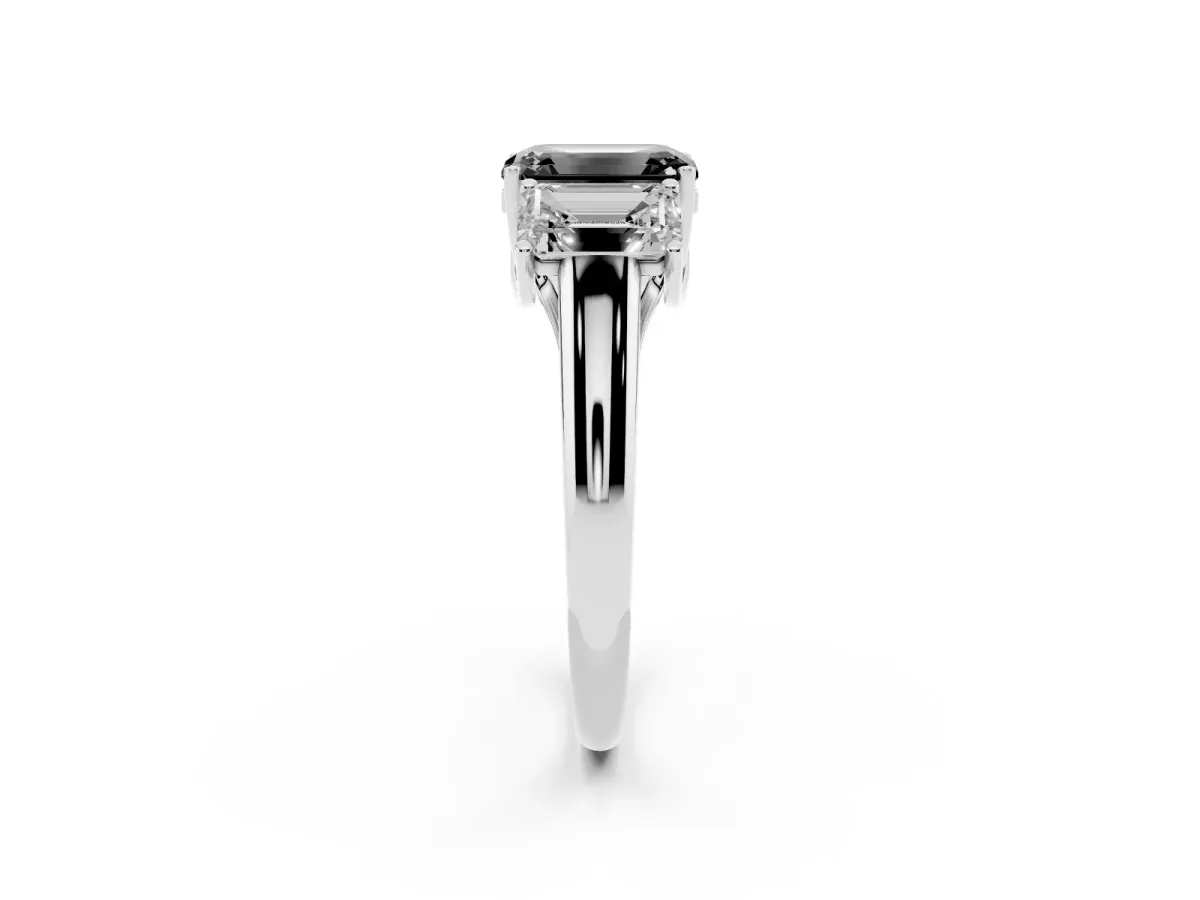 Fancy Black Three-Stone Emerald Cut Diamond Engagement Ring with Prong Setting Silver