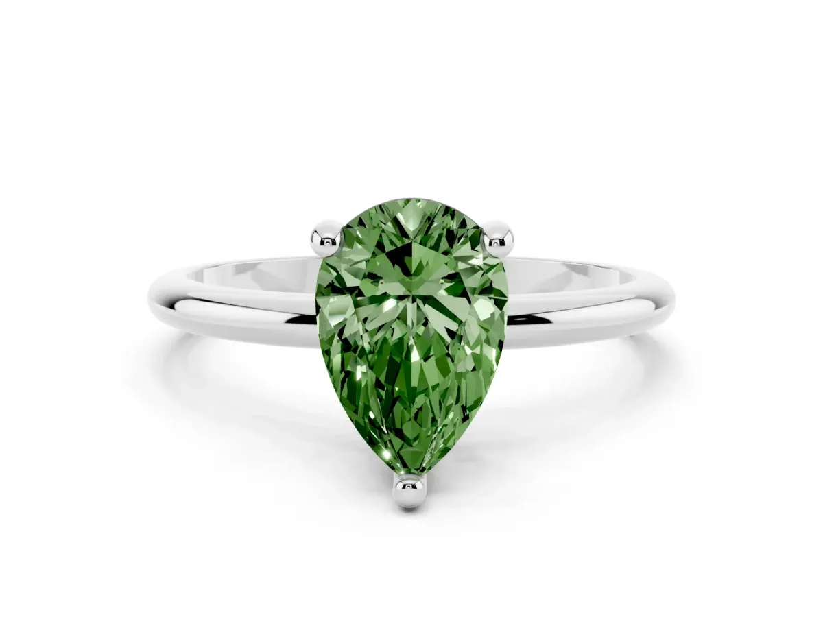 Fancy Green Pear Cut Solitaire Diamond Ring with 4-Prong Setting on a Classic Band Silver