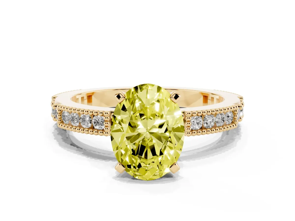Fancy Yellow Oval Cut Solitaire with Pavé Band and Four-Prong Setting Yellow gold