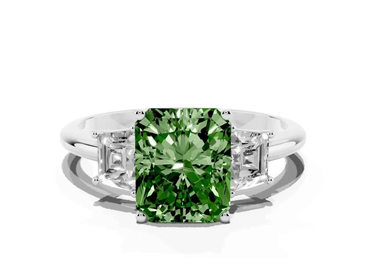 Fancy Green Radiant Cut Diamond Three-Stone Ring with Trapezoid Side Stones and Prong Setting Silver