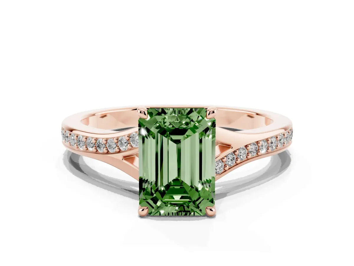 Fancy Green Emerald Cut Diamond Solitaire Ring with Pavé Band and Prong Setting Rose gold