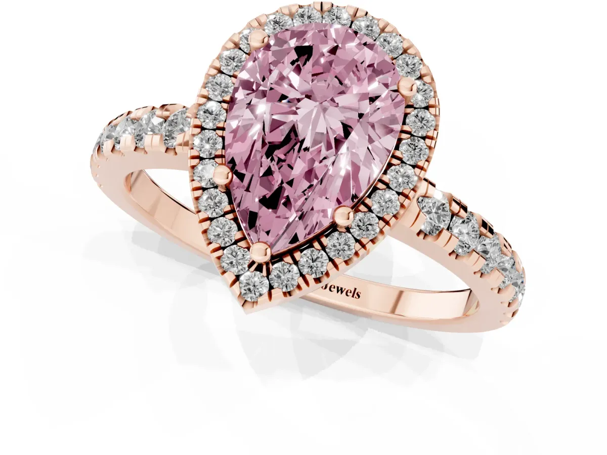 Fancy Pink Pear Cut Diamond Halo Ring with Pavé Band and Four-Prong Setting Rose gold