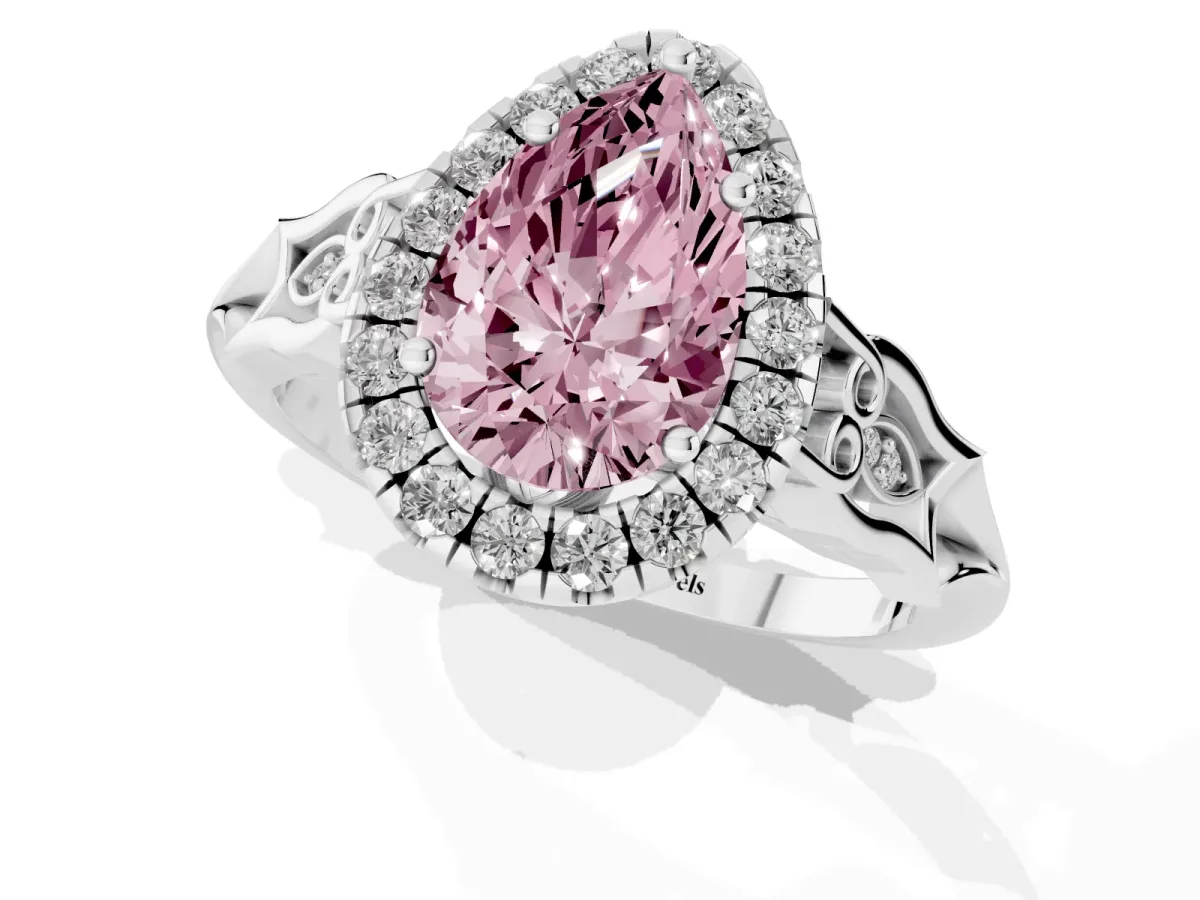 Fancy Pink Pear Cut Halo Diamond Engagement Ring with Filigree Band and Four-Prong Setting Platinum