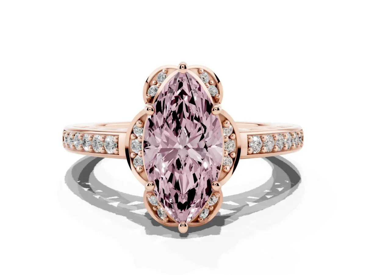 Fancy Pink Marquise Cut Cut Halo Diamond Ring with Channel Set Band and Four-Prong Setting Rose gold