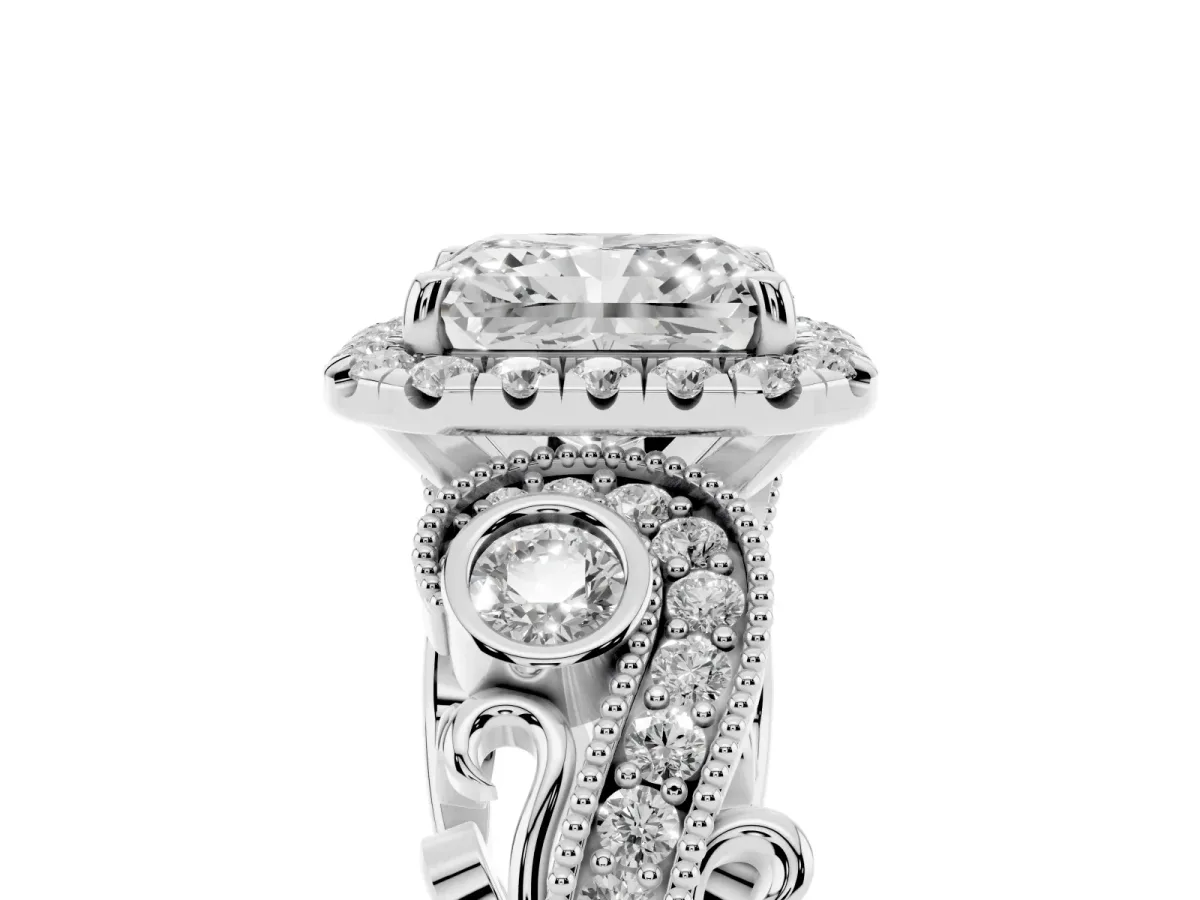 Radiant Cut Halo Diamond Ring with Milgrain and Bezel Accents on a Split Shank Band Platinum